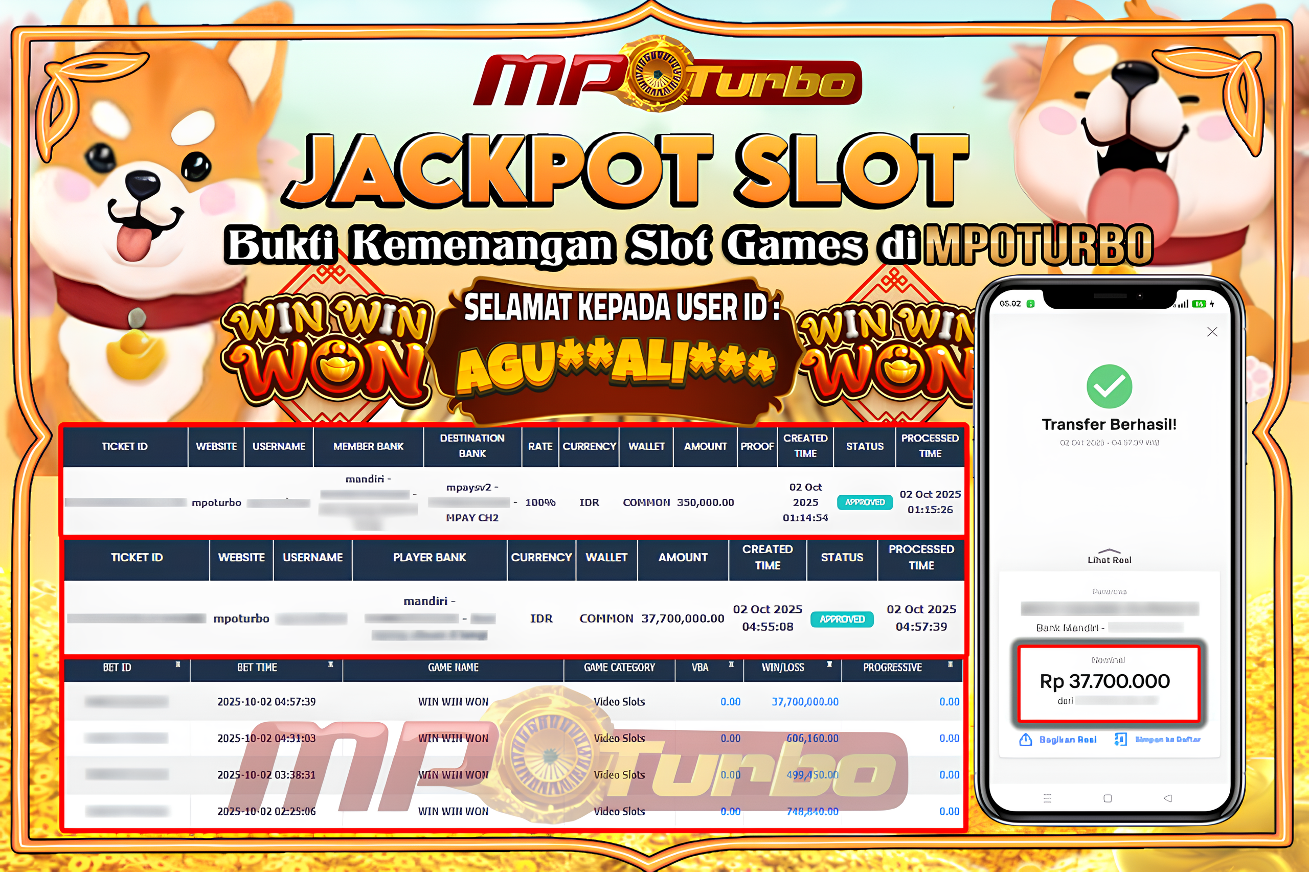 MPOTURBO JACKPOT SLOT WIN WIN WON - PG SOFT Rp 37,700,000.00,- LUNAS